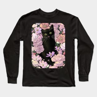 Little Black Garden Cat - Pink Flowers Long Sleeve T-Shirt